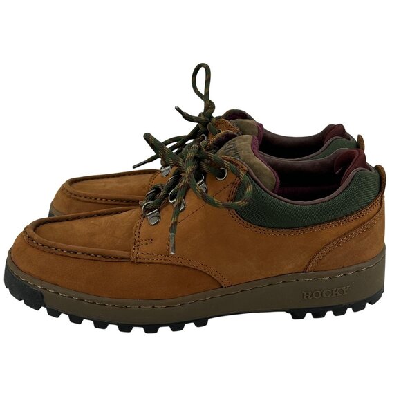Vintage Rocky Mens Leather Hiking Shoes 8.5M Brown Green Accents Rugged Loafer - Picture 2 of 9